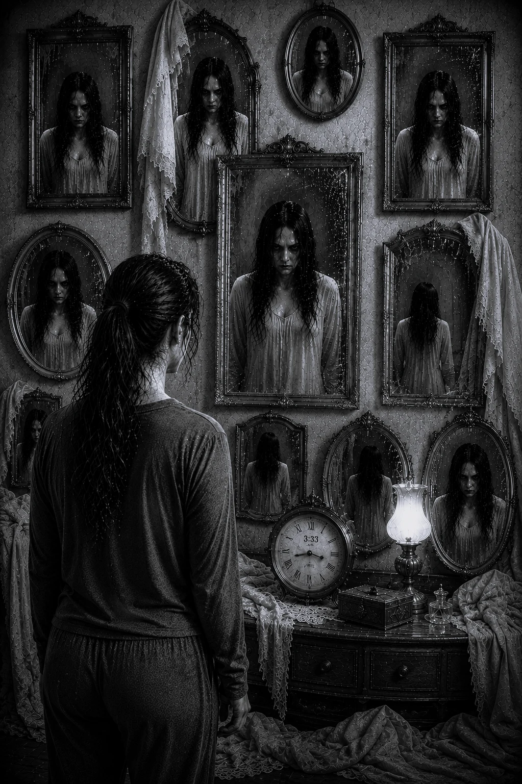 Una habitación con antiguos retratos y un reloj