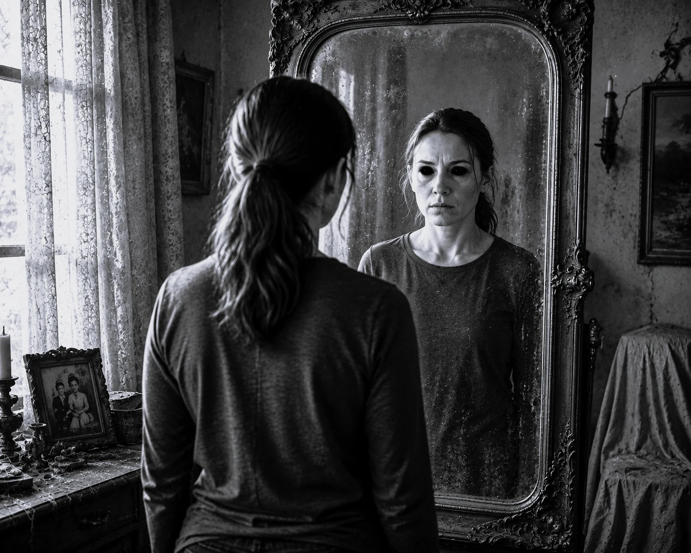 Una mujer observa su reflejo en el espejo